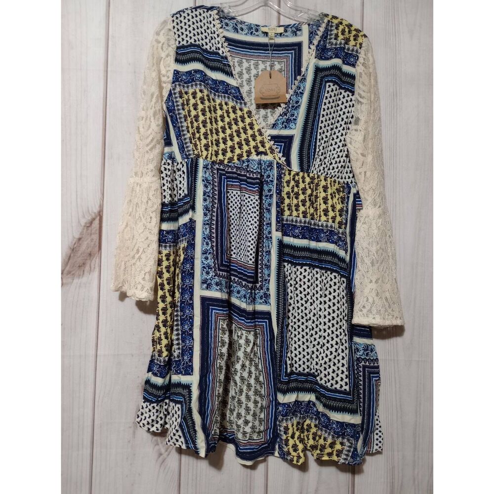 Kori Mini Dress Ladies‎ Small Lace Sleeve Blue Patchwork